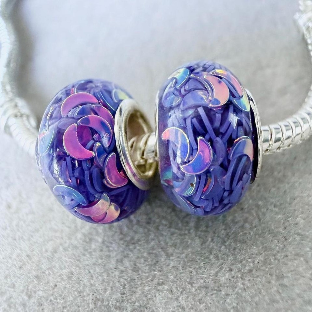 Purple Iridescent Crescent Moon Murano Glass Charms fits PANDORA Set of 2 - Picture 5 of 6